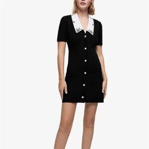 NWT Maje Black Romarin Embroidered-Collar Cotton Mini Dress Size Medium